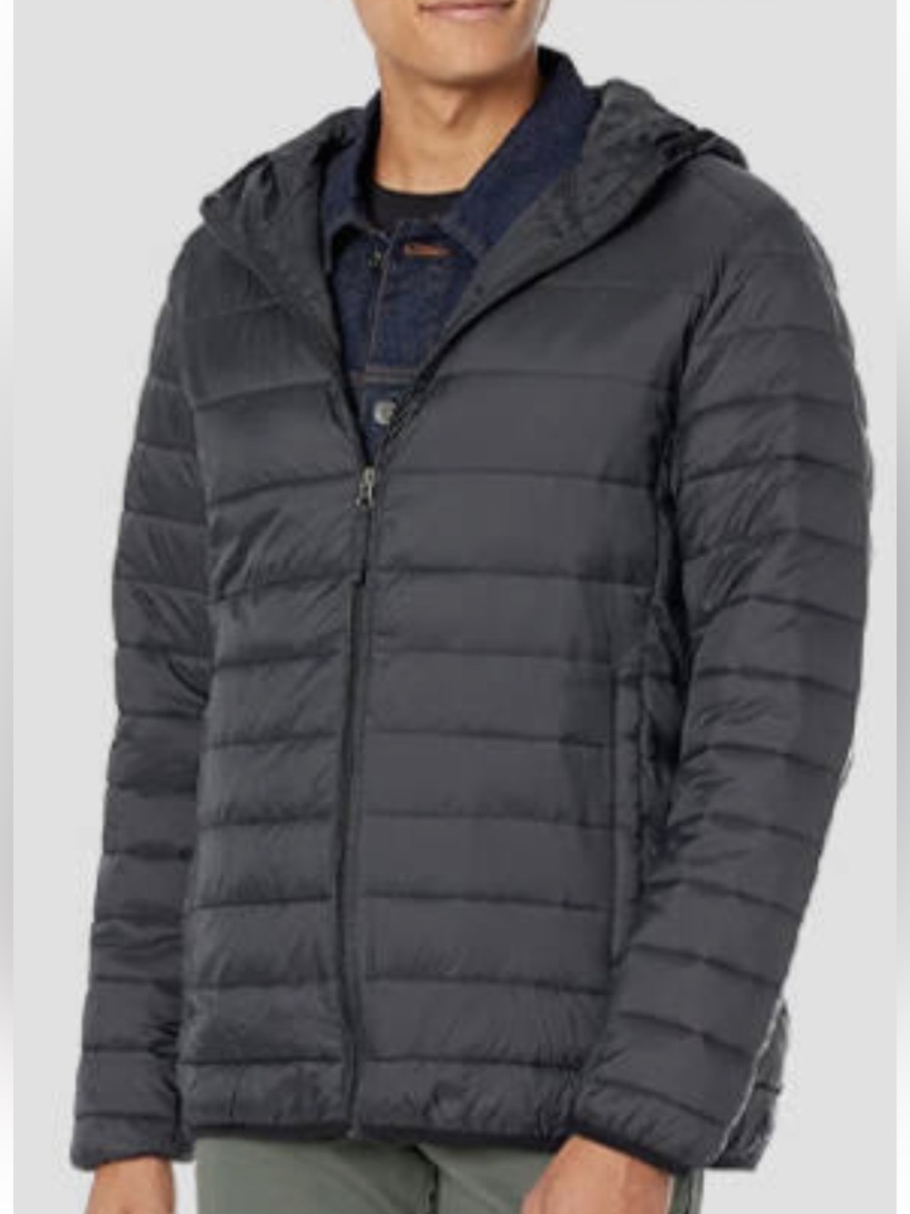 Amazon Essentials Men's Hooded Puffer Jacket in black. XXL